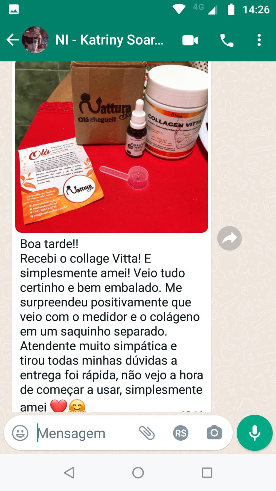 Foto do pote de Collagen Vitta na embalagem da Nattura Bio recebida pela cliente Katriny