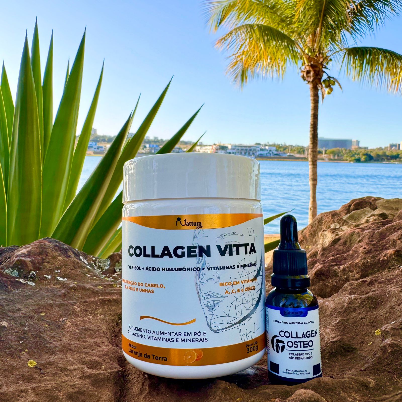 Pote de Collagen Vitta com Collagen Osteo em frente a lago e palmeira