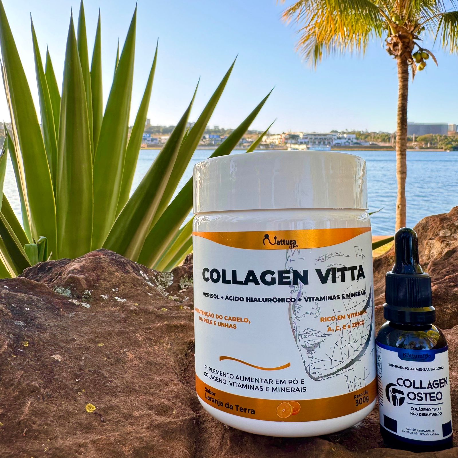 Pote de Collagen Vitta ao lado do Collagen Osteo com lago ao fundo