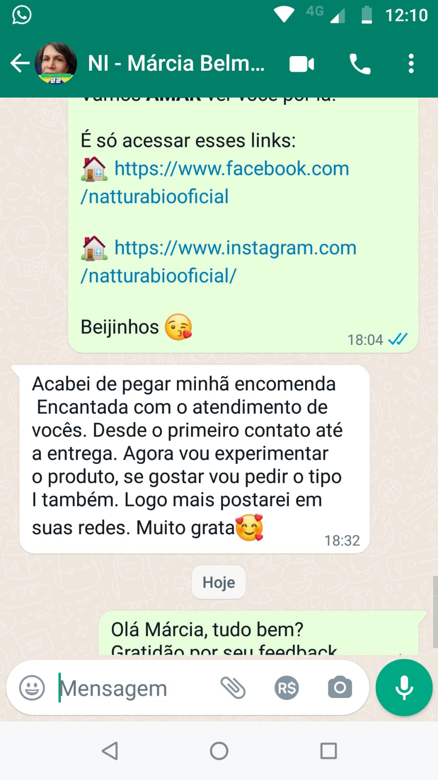 Print de WhatsApp de Márcia encantada com atendimento e Collagen Vitta