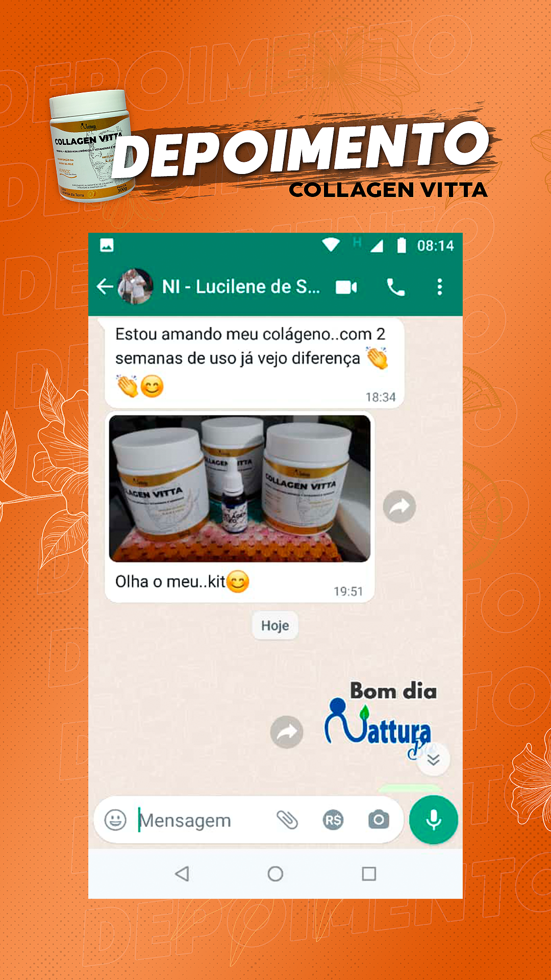 Print de WhatsApp de Lucilene relatando resultado do Collagen Vitta em 2 semanas
