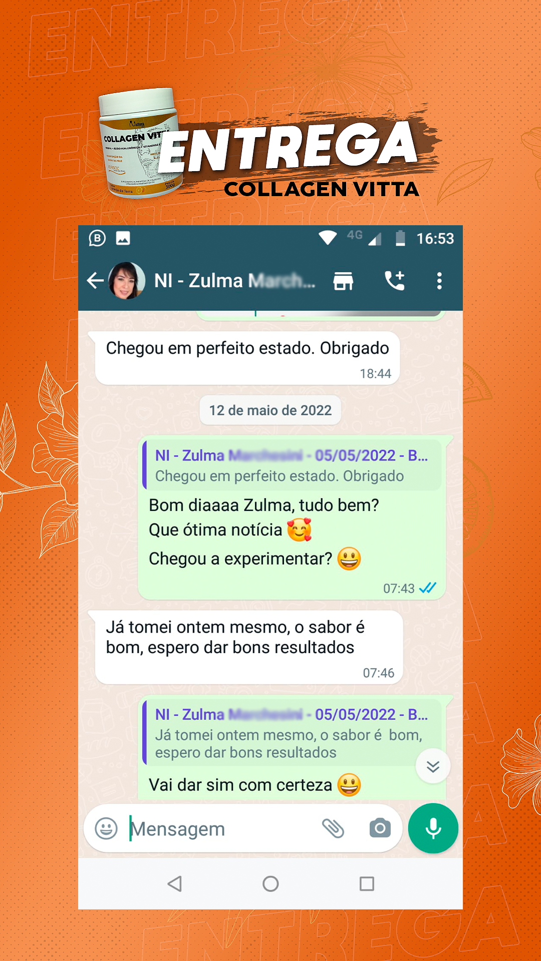Print de WhatsApp de cliente Zulma confirmando recebimento do Collagen Vitta
