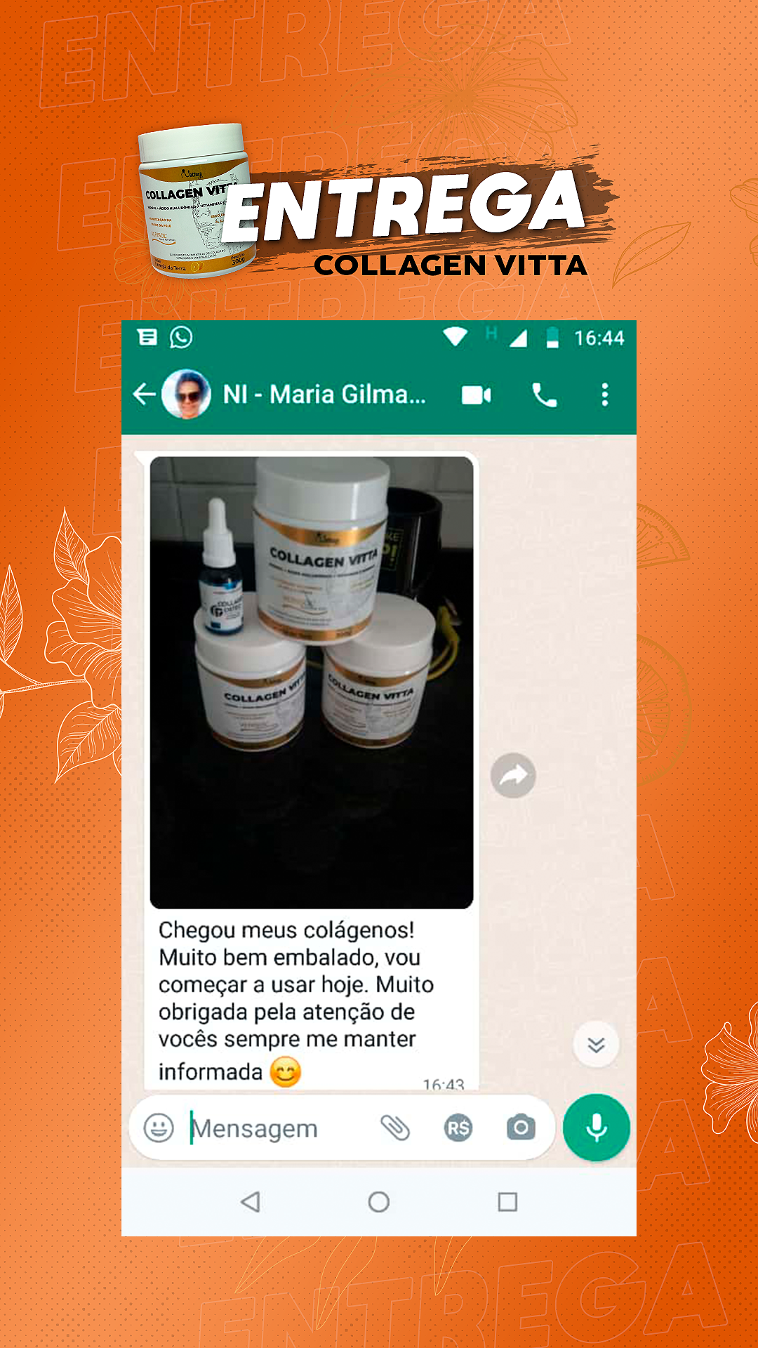 Print de WhatsApp com kit Collagen Vitta e Collagen Osteo recebido