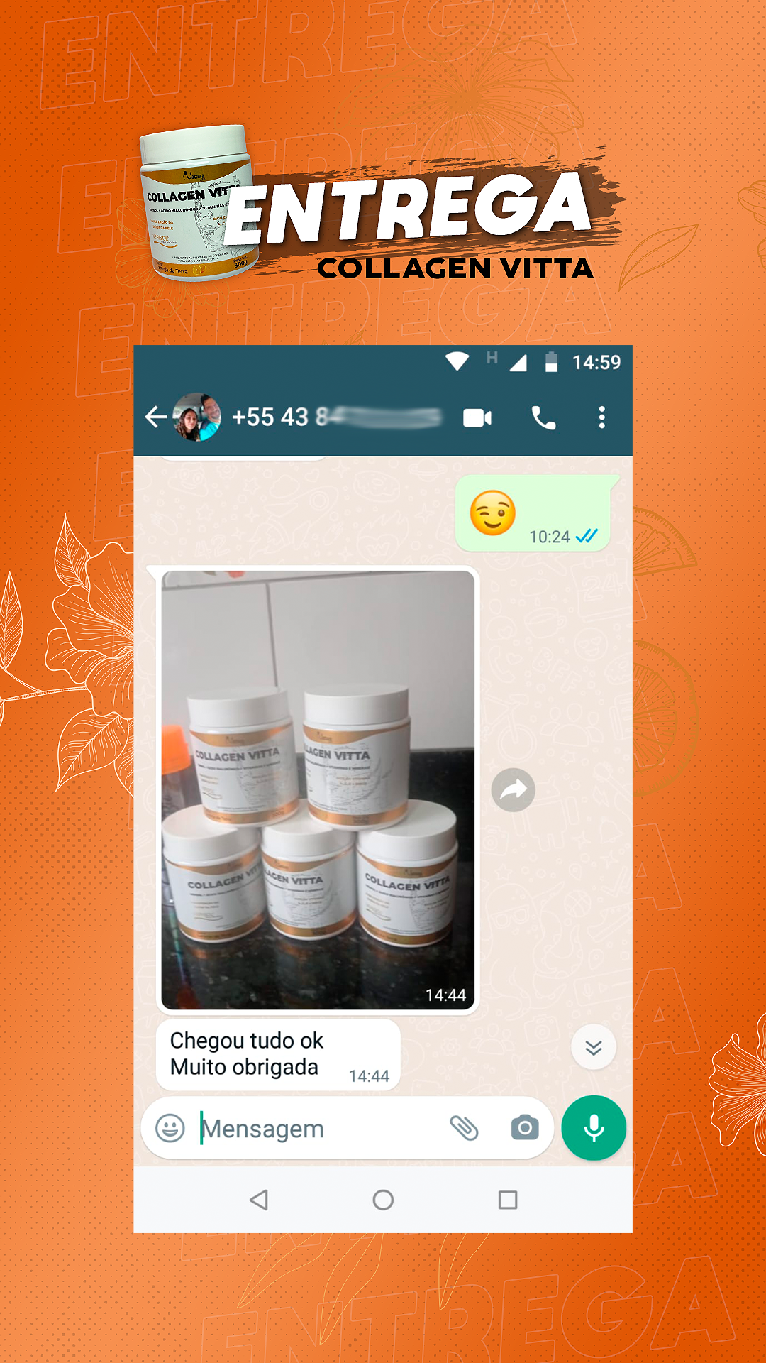 Foto de kit com vários potes de Collagen Vitta recebidos por cliente