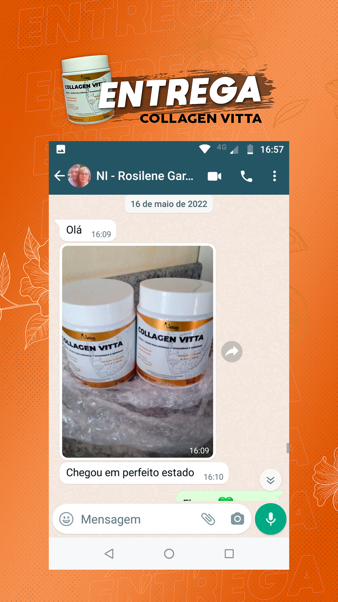 Print de WhatsApp de cliente Rosilene com foto do pote de Collagen Vitta recebido