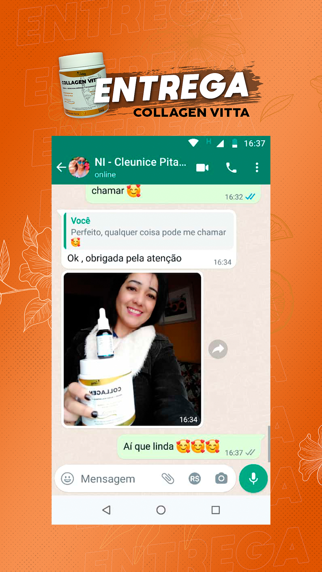 Selfie de cliente segurando pote do Collagen Vitta